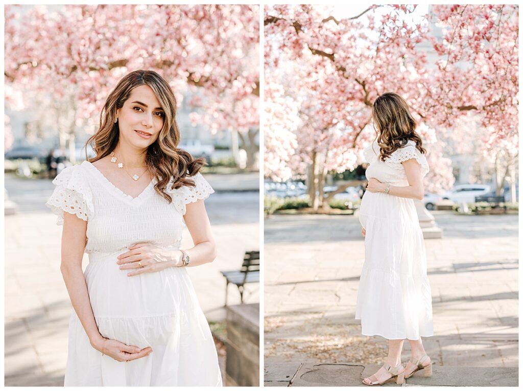 maternity photos of mother in white dress 