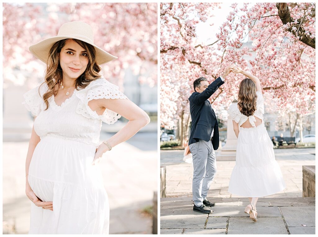 maternity photos in white dress and hat 