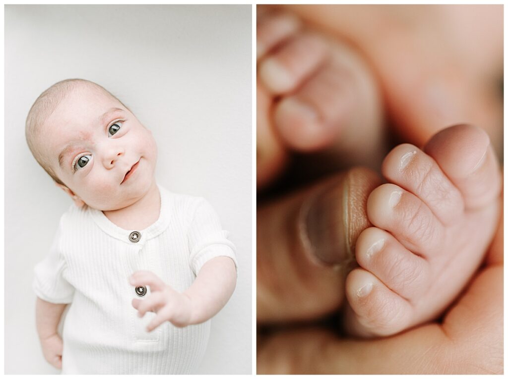 baby boy in white outfit with macro image of toes