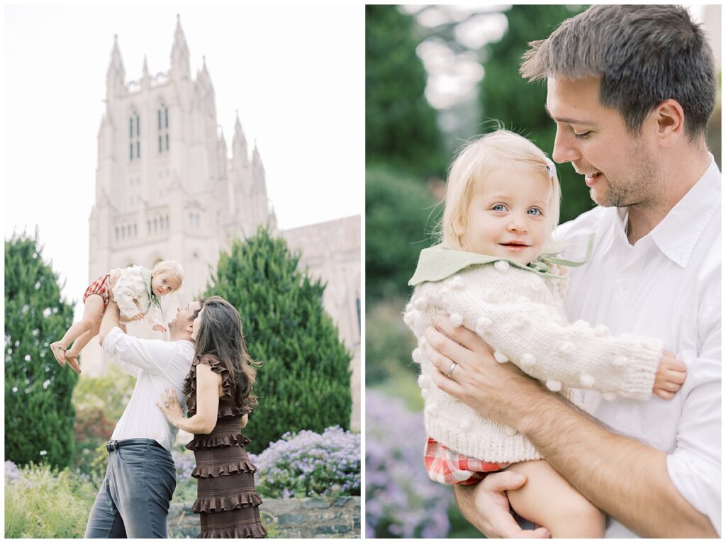 dad holding little girl in the air with the National Cathedral in the background 