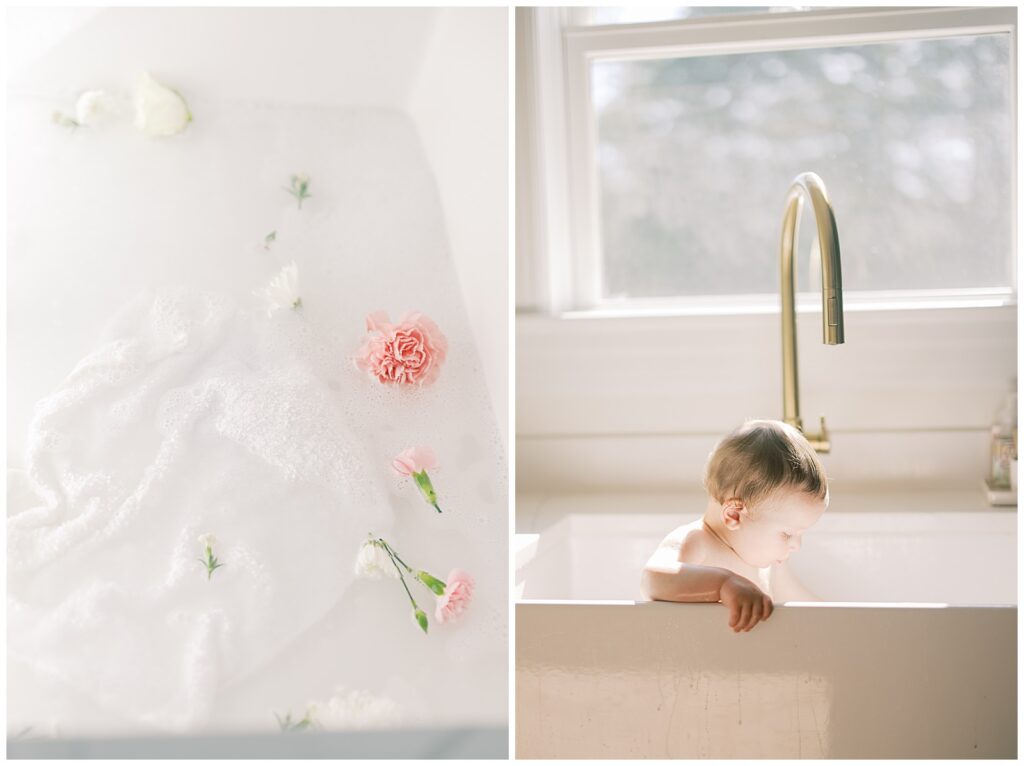 baby sitting in sink with flowers 
