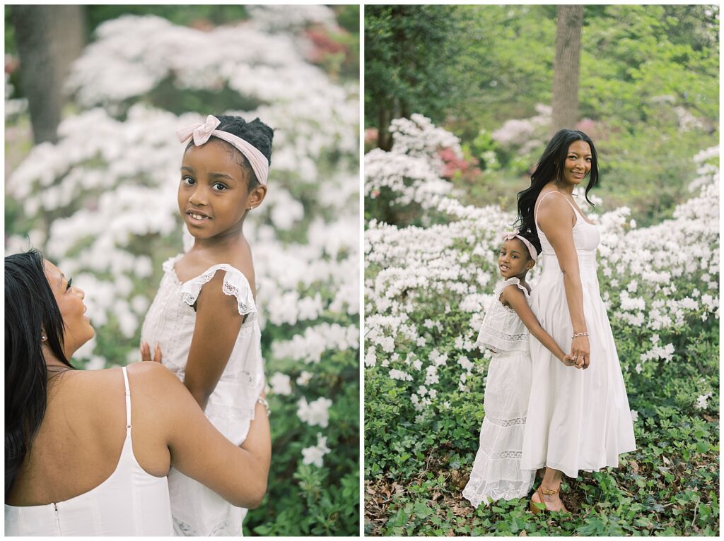 mother and daughter in white dresses and white azaleas