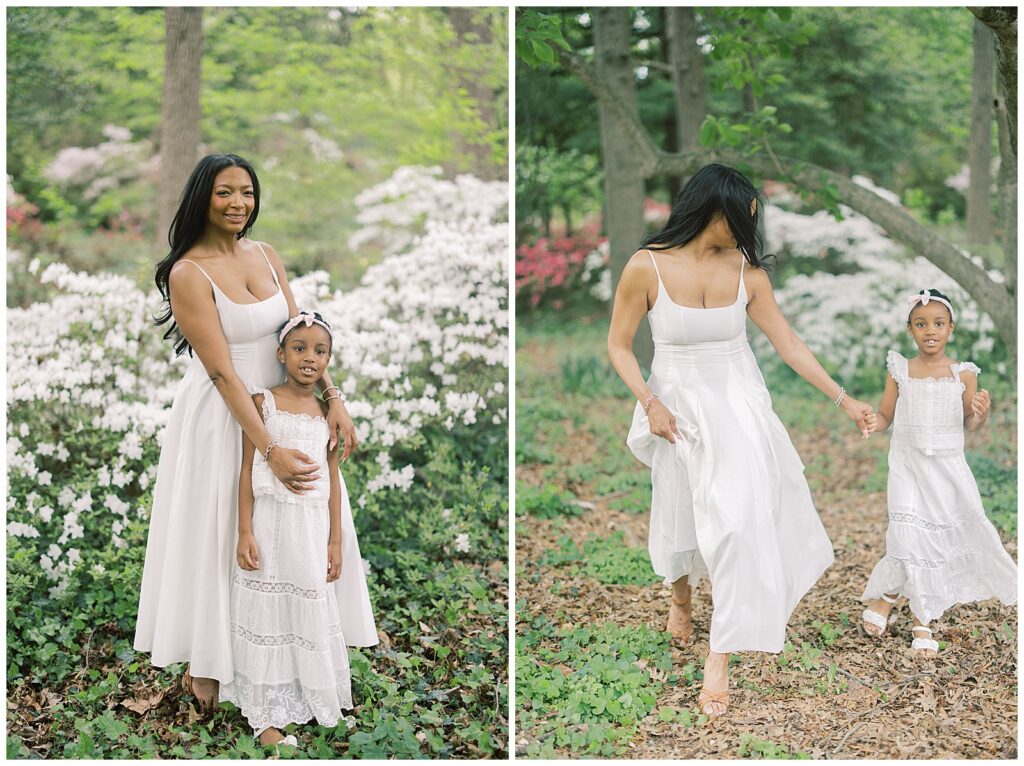 mother and daughter in white dresses and pink azaleas