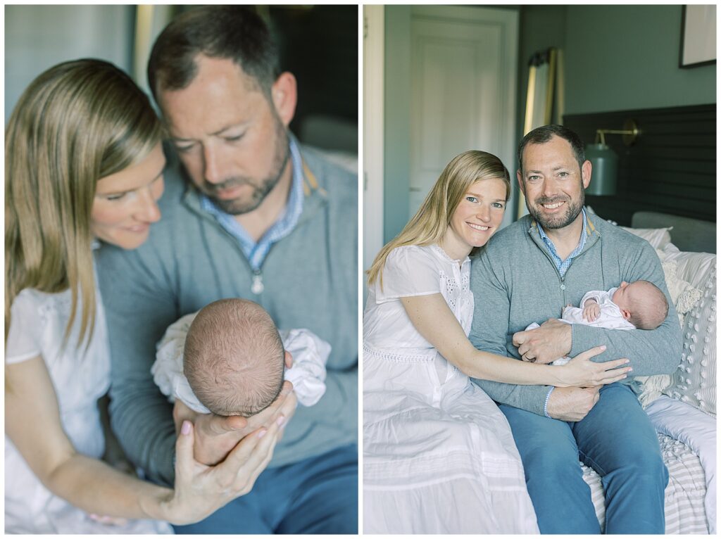 mother and father holding newborn girl on the bed 